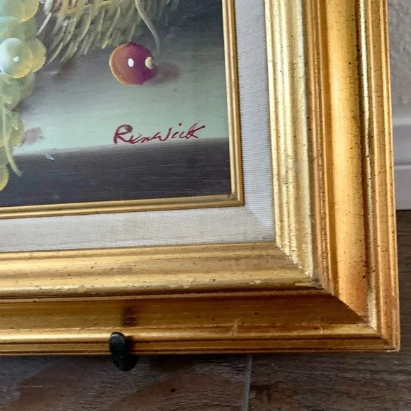 Vintage Basket Apples And Grapes Oil Signed Renwick 13/15”